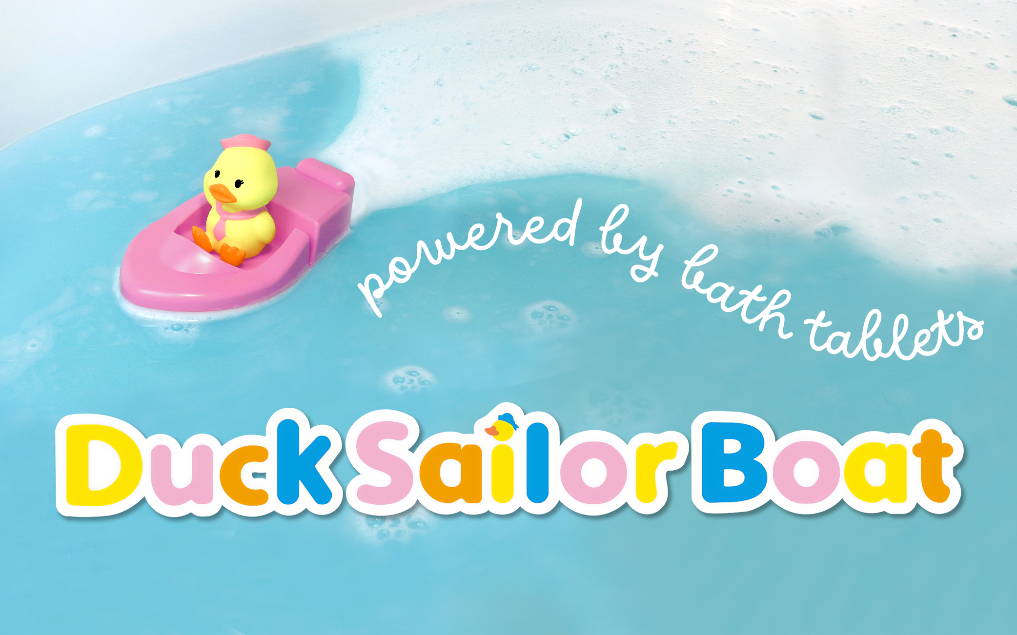 banner image for duck sailor boat featuring pink variant with the cursive text "powered by bath tablets" over the title DUCK SAILOR BOAT