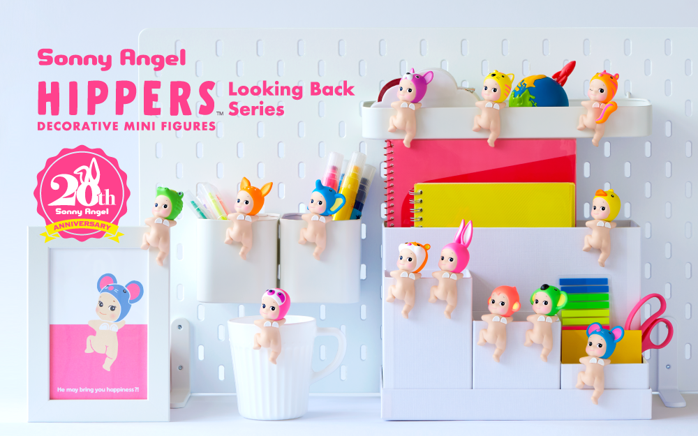 Sonny Angel HIPPERS mini figures in various poses, attached to white and colorful surfaces, celebrating the brand's 20th anniversary.