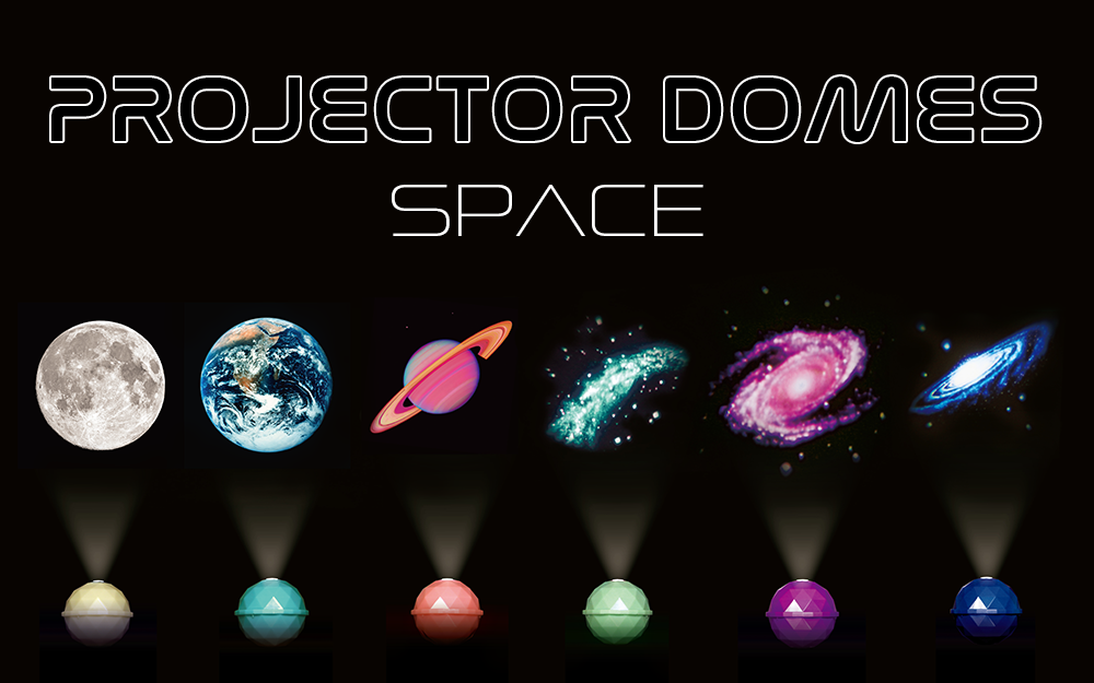 banner image for projector dome SPACE featuring six main designs. left to right: moon, earth, saturn, milky way, andromeda, and spiral galaxy