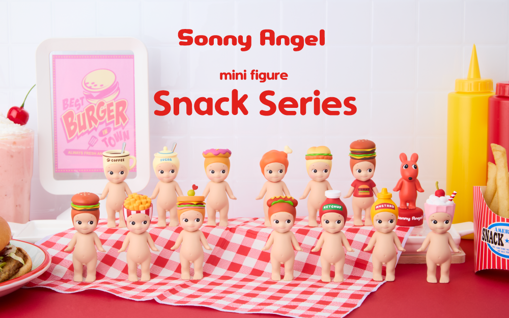 sonny angel snack series minifigures lined up in two rows. backrow; coffee cup, sugar bowl, donut, chicken leg, chicken sandwich, secret Sonny and Robby Angel. frontrow; cheeseburger, fries, sandwich, hotdog, ketchup, mustard and milkshake. all figures stand on a checkered pattern table cloth, surrounded by a milkshake, burger, BEST BURGER IN TOWN sign, ketchup bottle, mustard bottle and french fries