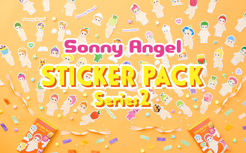 banner image for sonny angel sticker pack series 2 featuring two opened boxes of sonny angel sticker packs and a display of die-cut sonny angel stickers spread across an orange background with the overlaid product text SONNY ANGEL STICKER PACK SERIES 2