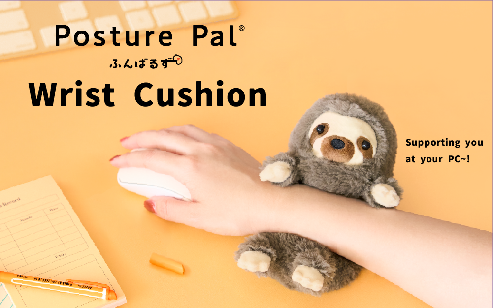 Posture Pal Wrist Cushion product image, showing the proper use of the wrist cushion. An arm and hand direct a computer mouse, supported by the Sloth Wrist Cushion