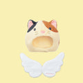 closeup product image of the sonny angel costume series 2 calico cat costume headdress from the front and wings from the back on a yellow background. 
