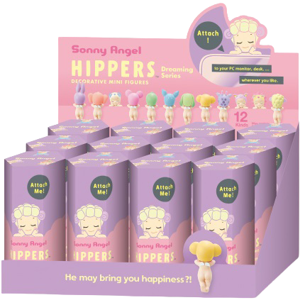 Sonny Angel HIPPERS Dreaming product image shows the display box of product with individual blind boxes. HIPPERS Dreaming packaging follows a light purple and light pink theme, featuring the Sheep figure on the front of each box