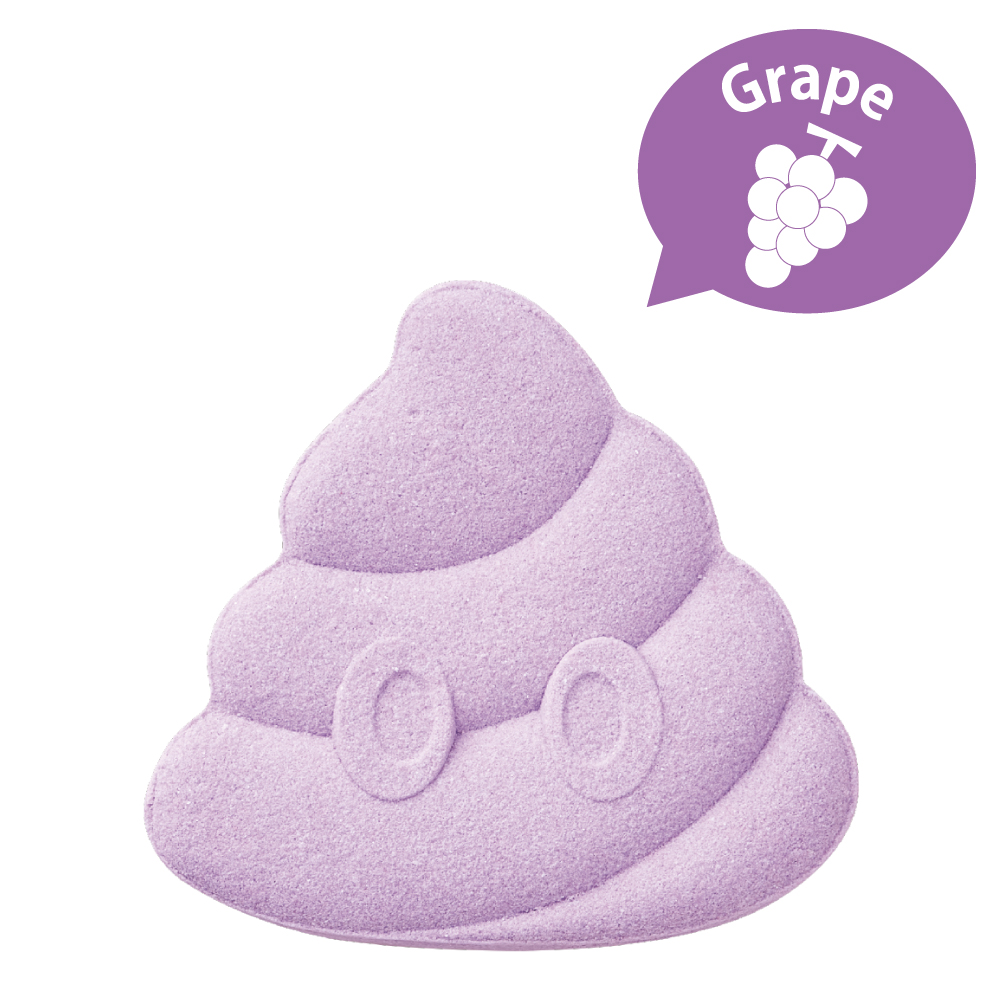 product closeup of rainbomb poop emoji purple grape with text GRAPE against a white backdrop