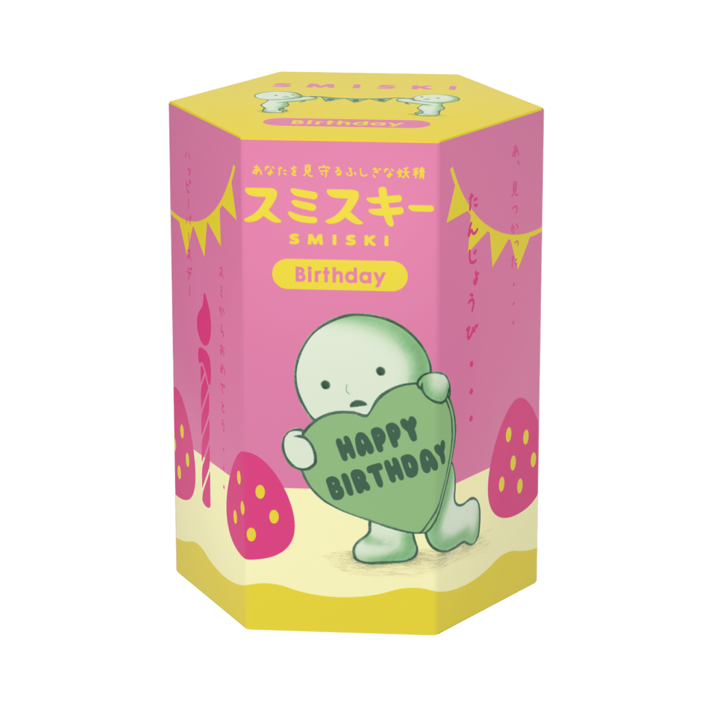 SMISKI Birthday Series product packaging shows SMISKI holding a heart with "Happy Birthday" in the center. Pink and yellow box shows strawberries and birthday candles with yellow text that states "SMISKI" and "Birthday"