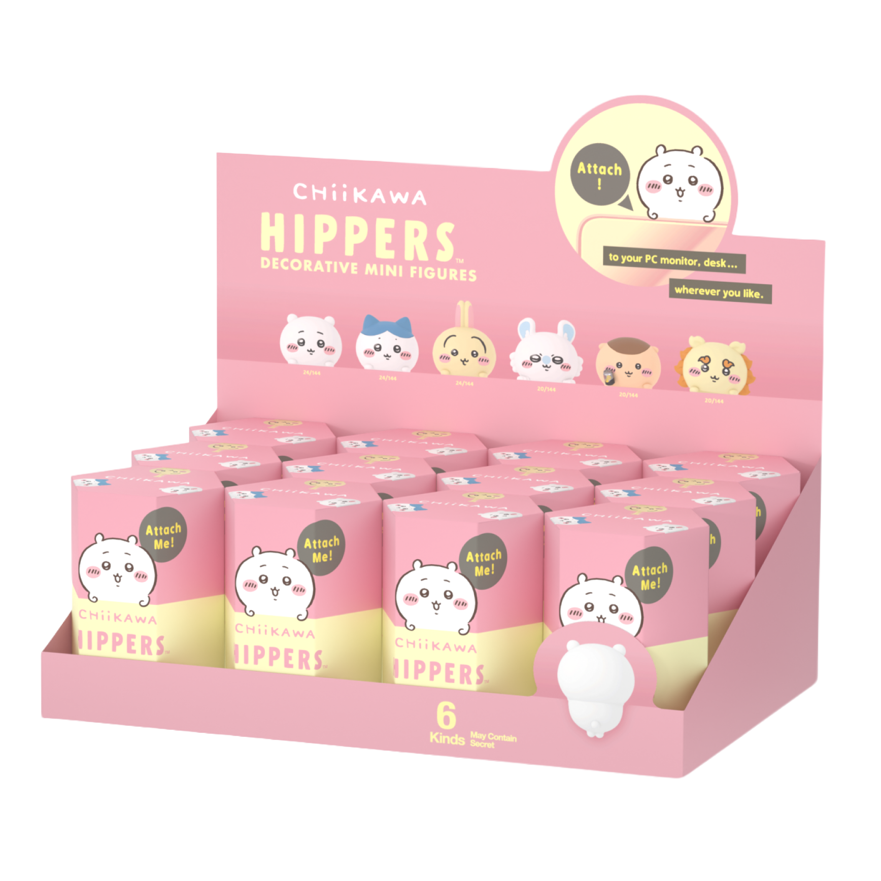 Chiikawa HIPPERS product image shows the Chiikawa HIPPERS in their product display box. Product display box shows all product variants for the Chiikawa HIPPERS. Chiikawa HIPPERs themed in pink and light yellow and prominently displays the main character Chiikawa 
