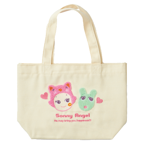 Transparent product image of the Kiss Kiss Tote with tufted embroidery of the Kiss Kiss Cat figure and Kiss Kiss Robby Angel