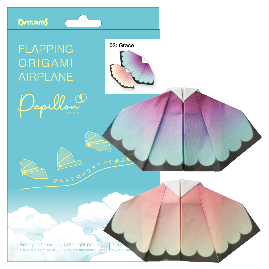 product packaging render for flapping origami airplane grace style